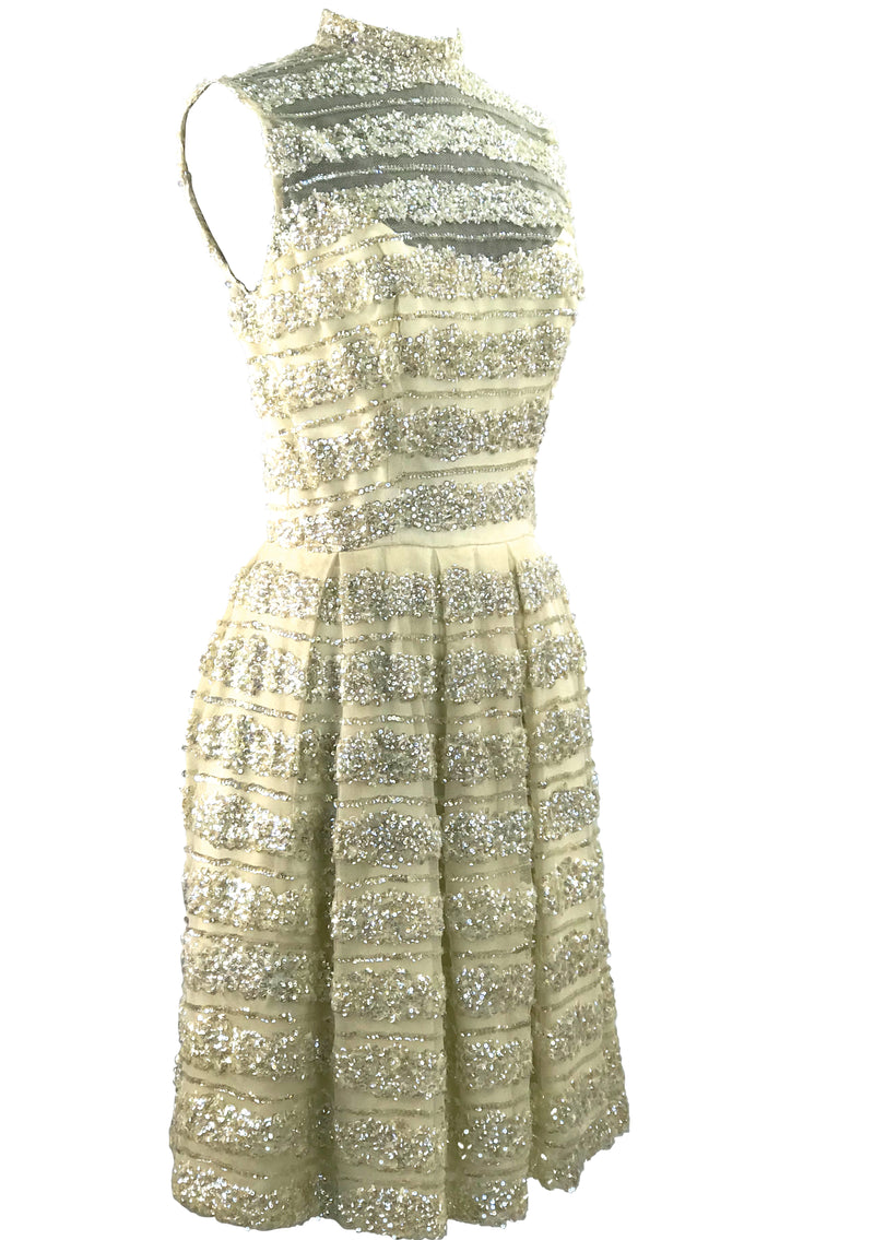 1960s Ivory Net Sequinned Designer Party Dress - New!