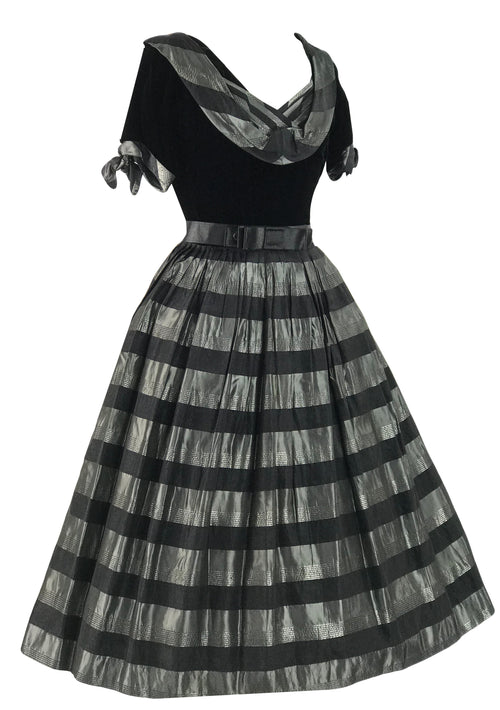 Late 1940s Black Velvet & Silver Striped Taffeta Dress- New!