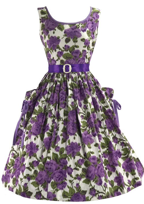 Striking 1950s Purple Roses Cotton Dress- New!