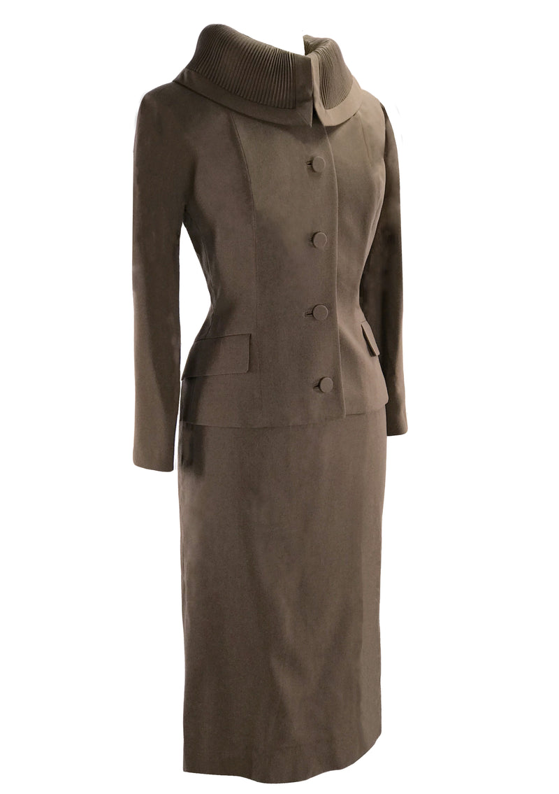 Sophisticated 1950s Mocha Gaberdine Wool Suit- New!