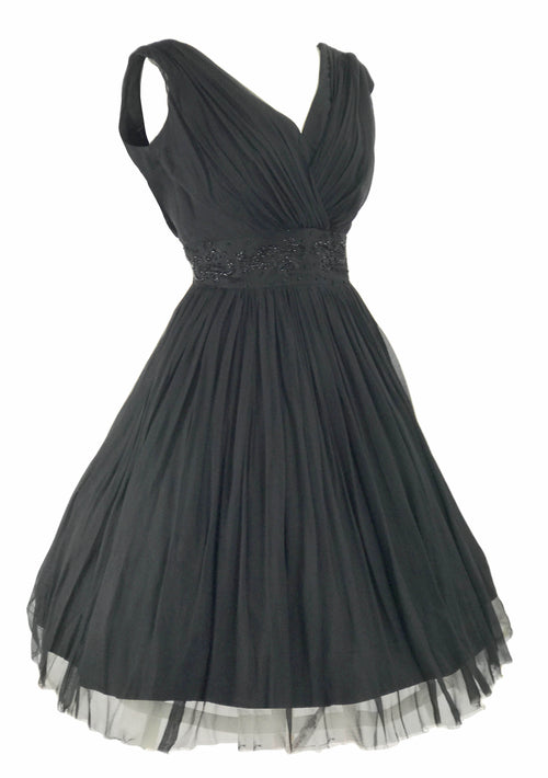 Early 1960s Black Beaded Silk Chiffon Party Dress- New!