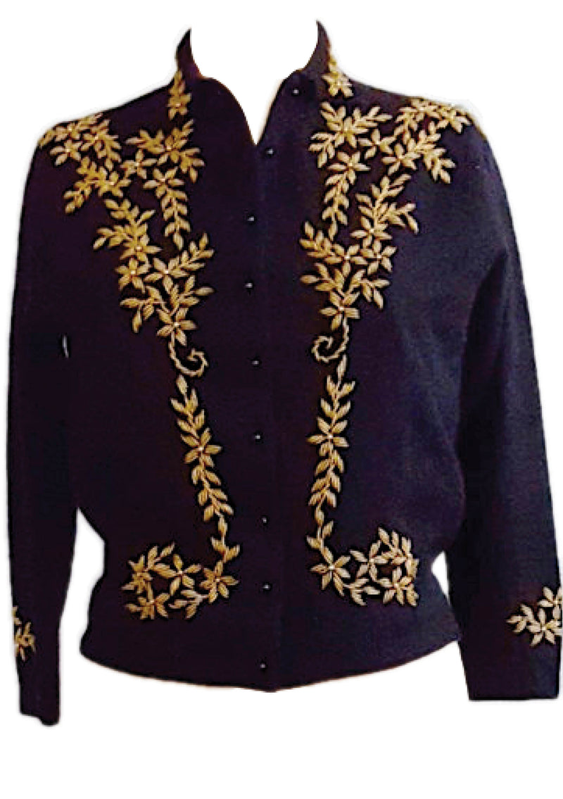 Vintage 1950s Black Lambswool Cardigan with Gold Beading- New