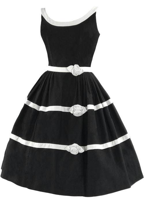 1950s Black Pique Dress with Ivory Rose Appliques & Banding  - New!