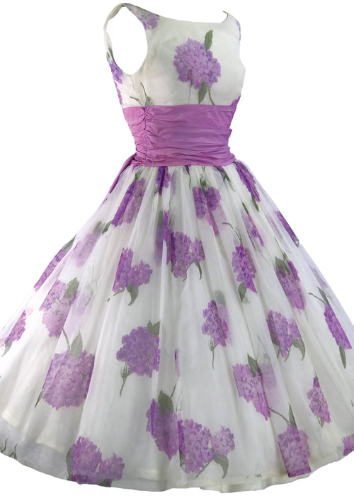 Spectacular 1950s Lilac Hydrangeas Chiffon Party Dress - New!