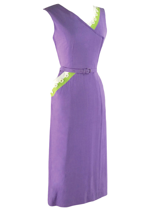 Vintage 1950s Lilac Linen Wiggle Dress with Daisy Applique- New!