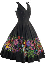 Spectacular 1950s Black Cotton Dress with Floral Appliqués - New!