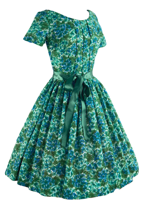 Late 1950s Blue Green Floral Impressionist Print Day Dress- NEW!