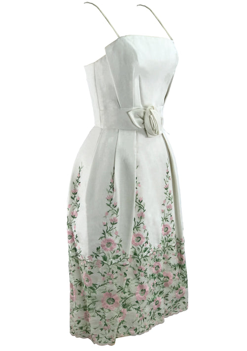 1960s White Linen Floral Embroidered Party Dress - New!