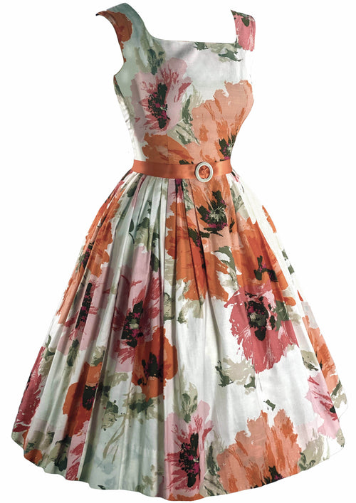 Vintage 1950s Pink and Orange Floral Cotton Dress- New!