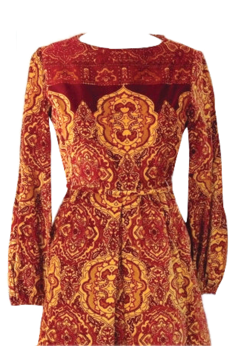 1960s Designer Red & Gold Baroque Velveteen Dress  - New!