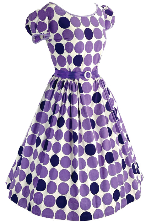 Lovely 1950s Purple and Violet Circle Novelty Print Dress- New!