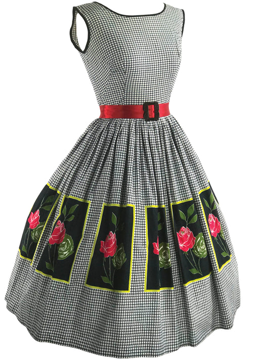 Vintage 1950s Gingham and Roses Panel Cotton Dress- New!