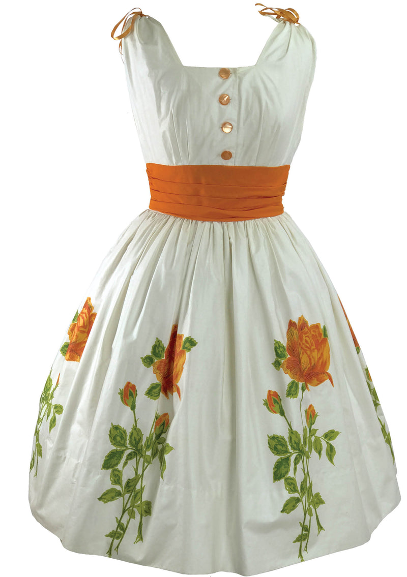 1950s Ivory Polished Cotton with Orange Roses Dress - New!