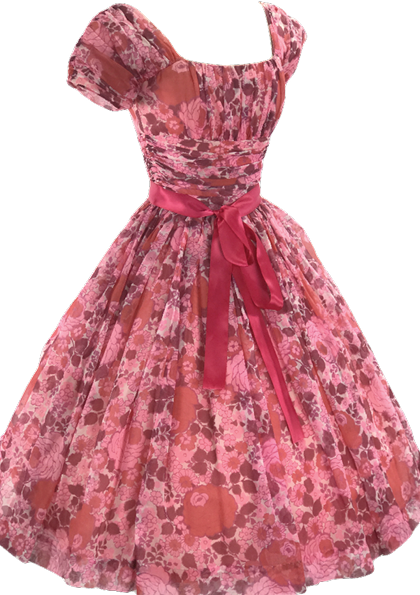 1950s Watermelon Pink Floral Chiffon Party Dress - New!