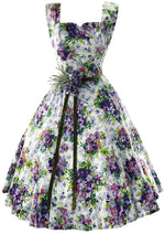 Stunning 1950s Violet Sprays Cotton Designer Dress with Rhinestones - New!