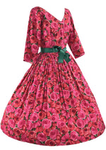 Gorgeous 1950s 1960s Magenta Roses Cotton Dress  - New!