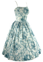 Vintage 1950s Blue Roses Scroll Cotton Sundress- New!