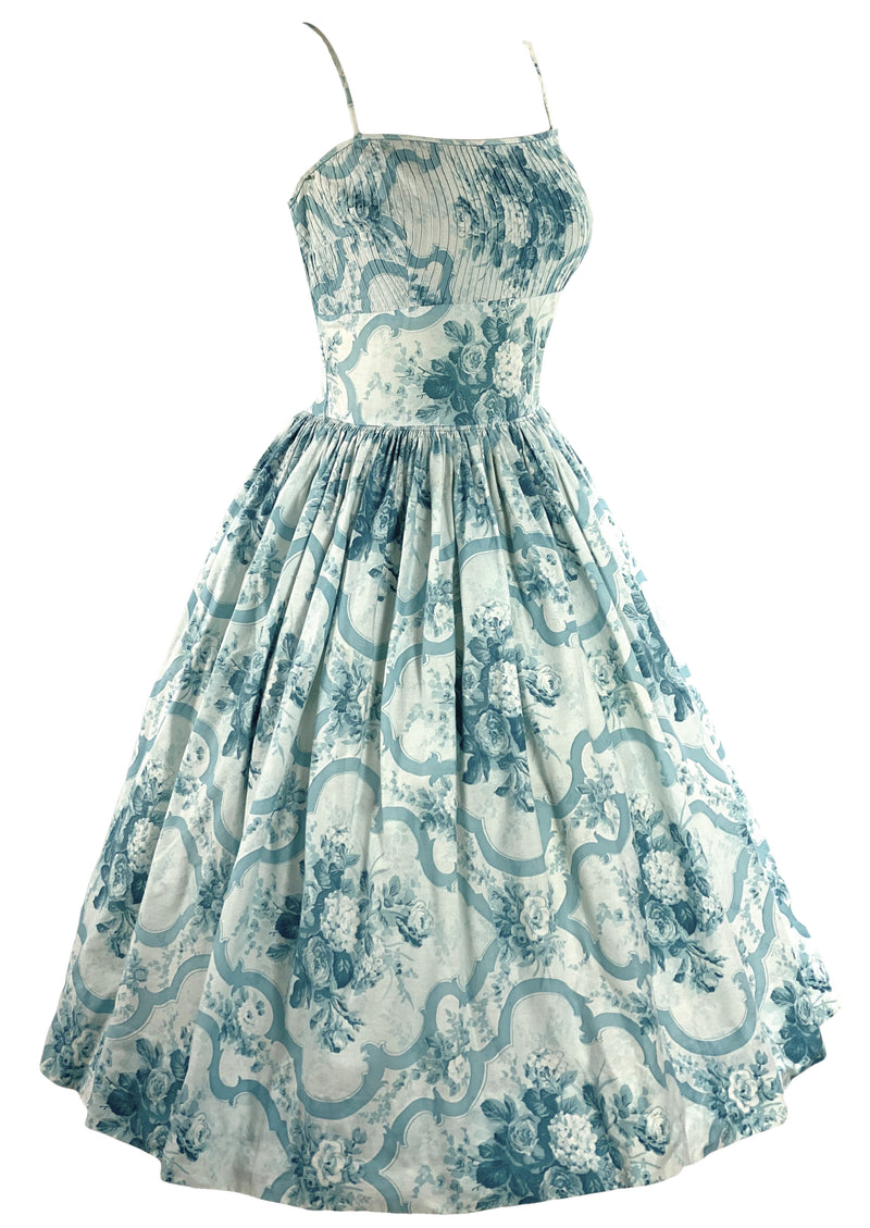 Vintage 1950s Blue Roses Scroll Cotton Sundress- New!