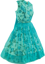 1950s Aqua Chiffon  Blue Roses Taffeta Party Dress - New! (ON HOLD)