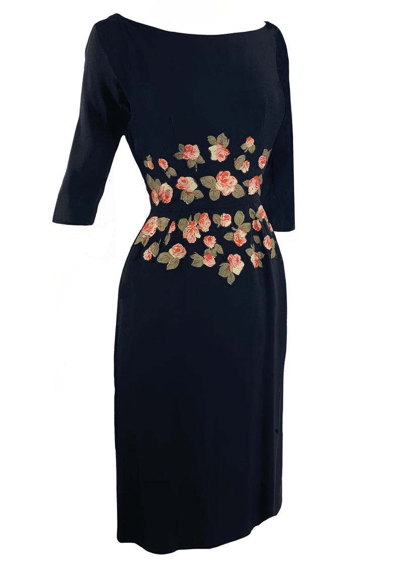 1950s Black Rayon Crepe Designer Dress with Appliqués- New! (SOLD)