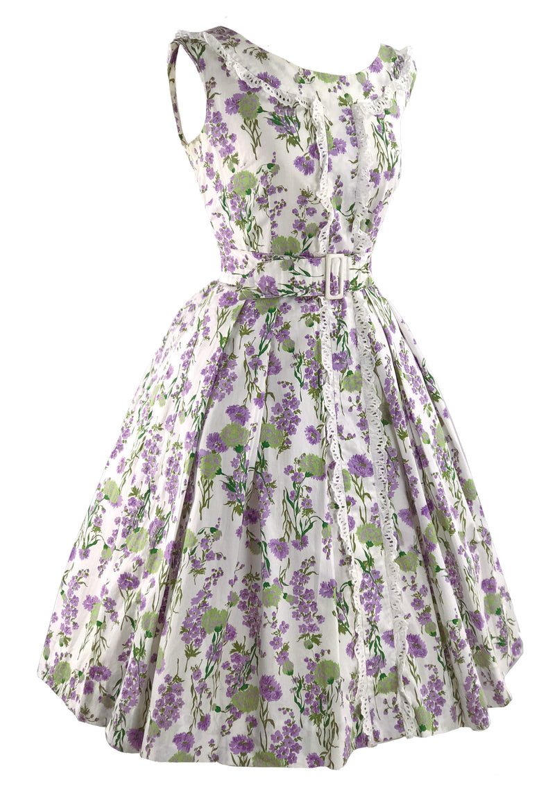 1950s Cotton Dress with Lavender & Sage Green Flowers - New!