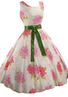 Original 1950s Large Pink Flowers Pique Cotton Dress - New