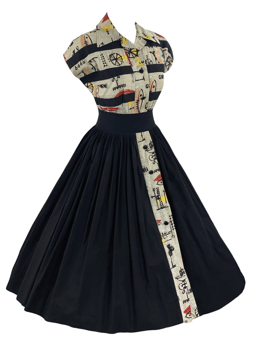 Stunning 1950s Black Primitive Art Print Cotton Dress - NEW!