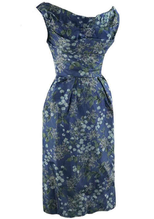 Sensational 1950s Draped Blue Floral Silk Cocktail Dress - New!