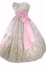 1950s Ivory and Pink Garland Flocked Party Dress - New!