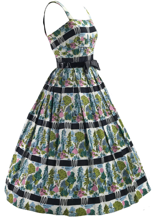 Vintage 1950s Bucolic Novelty Print Cotton Dress- New!