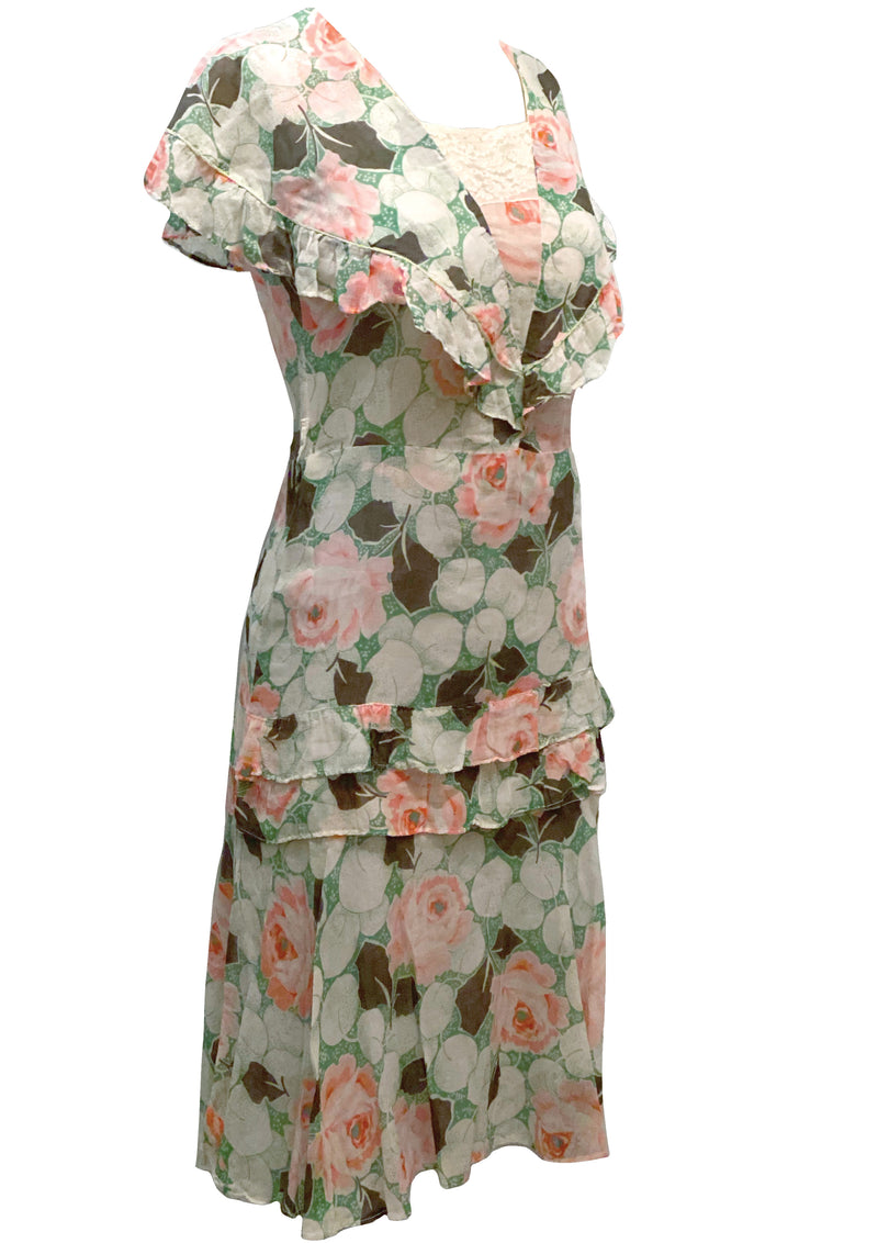 Early 1930s Pink Rose Print Voile Day Dress - New!