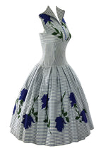 Late 1950s Deadstock Striped Cotton Dress with Indigo Blue Roses - New!