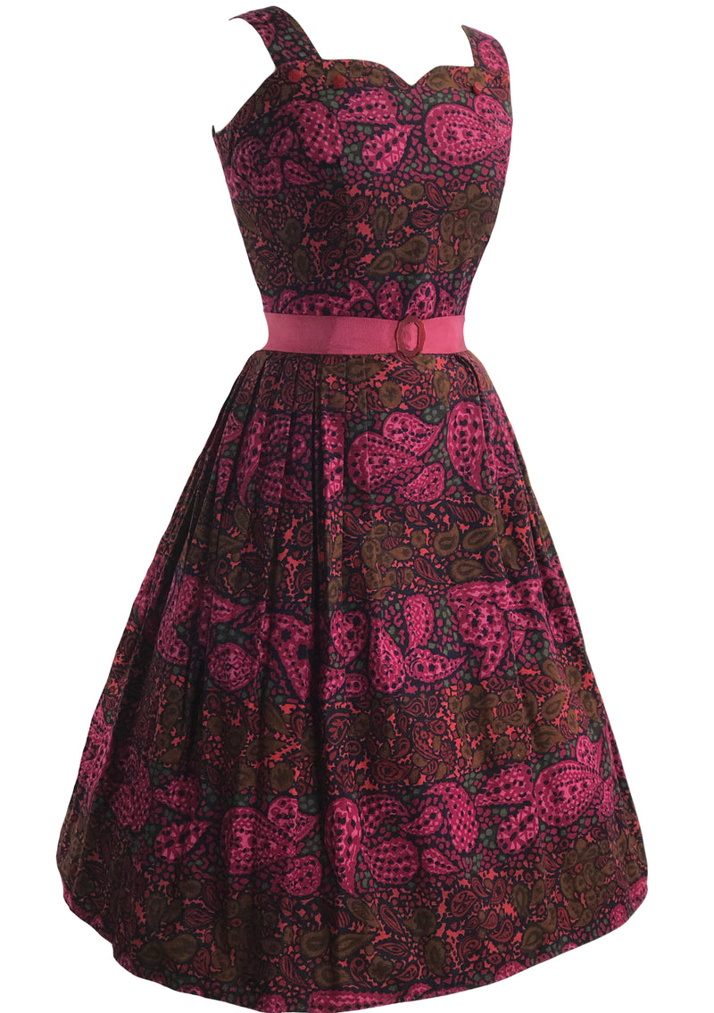 Vintage 1950s Magenta Paisley Print Cotton Dress- New!