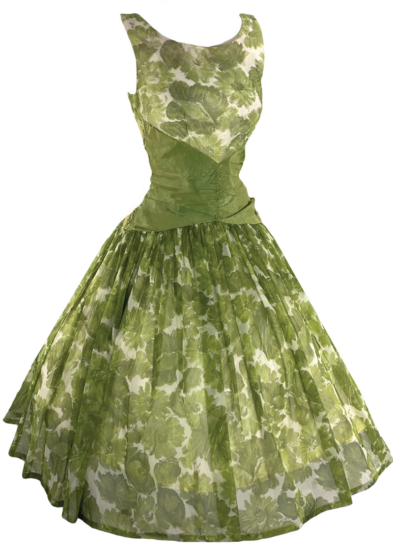 Vintage 1950s Green Floral Chiffon Party Dress - New!