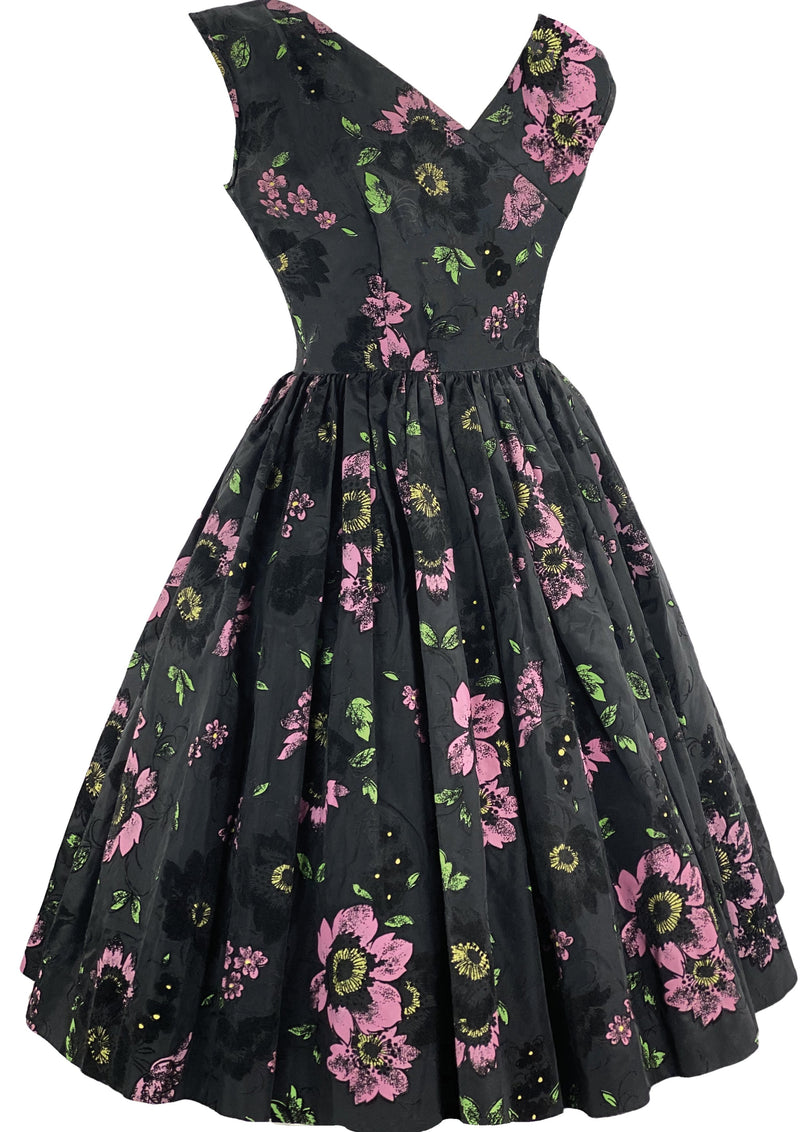 Lovely 1950s Black Floral Taffeta Dress with Flocking - New!