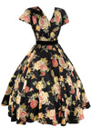 Striking Late 1950s Pink Cabbage Roses on Black Taffeta Dress- NEW!