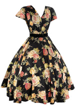 Striking Late 1950s Pink Cabbage Roses on Black Taffeta Dress- NEW!