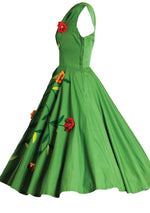 1950s Apple Green Cotton Floral Applique Dress- New!