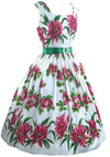 Lovely 1950s Magenta Flowers Cotton Dress- New!