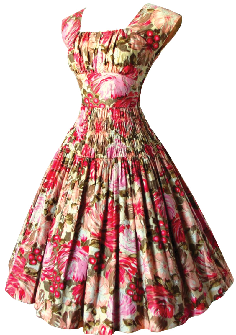 Vintage 1950s Berries and Flowers Cotton Dress- New!