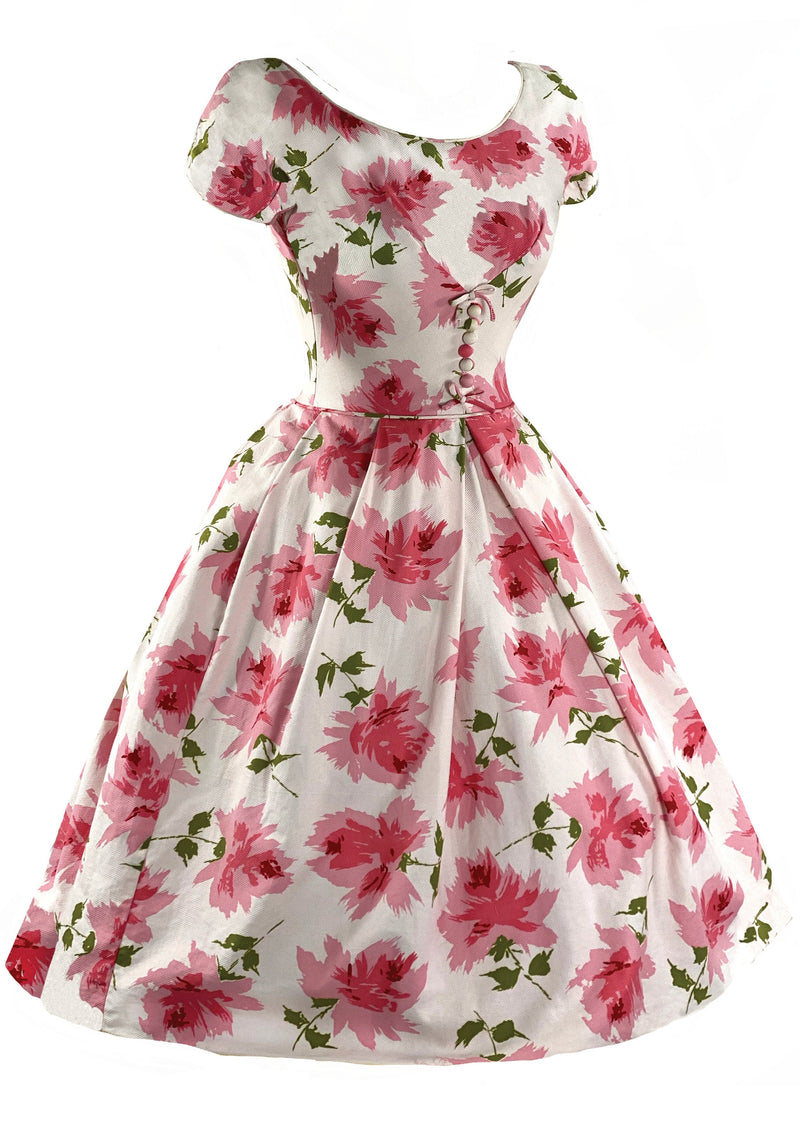 Vintage 1950s Large Pink Roses Pique Cotton Dress - New