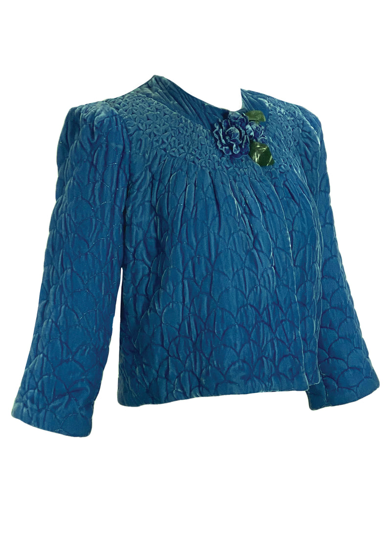 Vintage 1940s Quilted Blue Silk Velvet Jacket- New!
