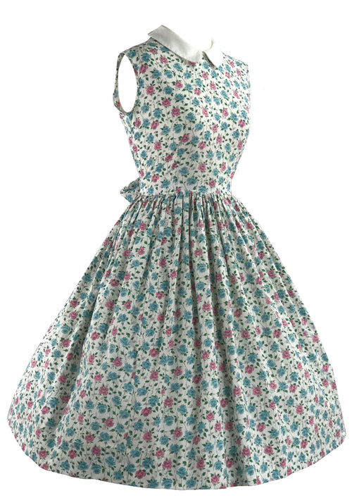 Vintage 1950s Pink and Blue Roses Floral Cotton Dress - New! (ON HOLD)