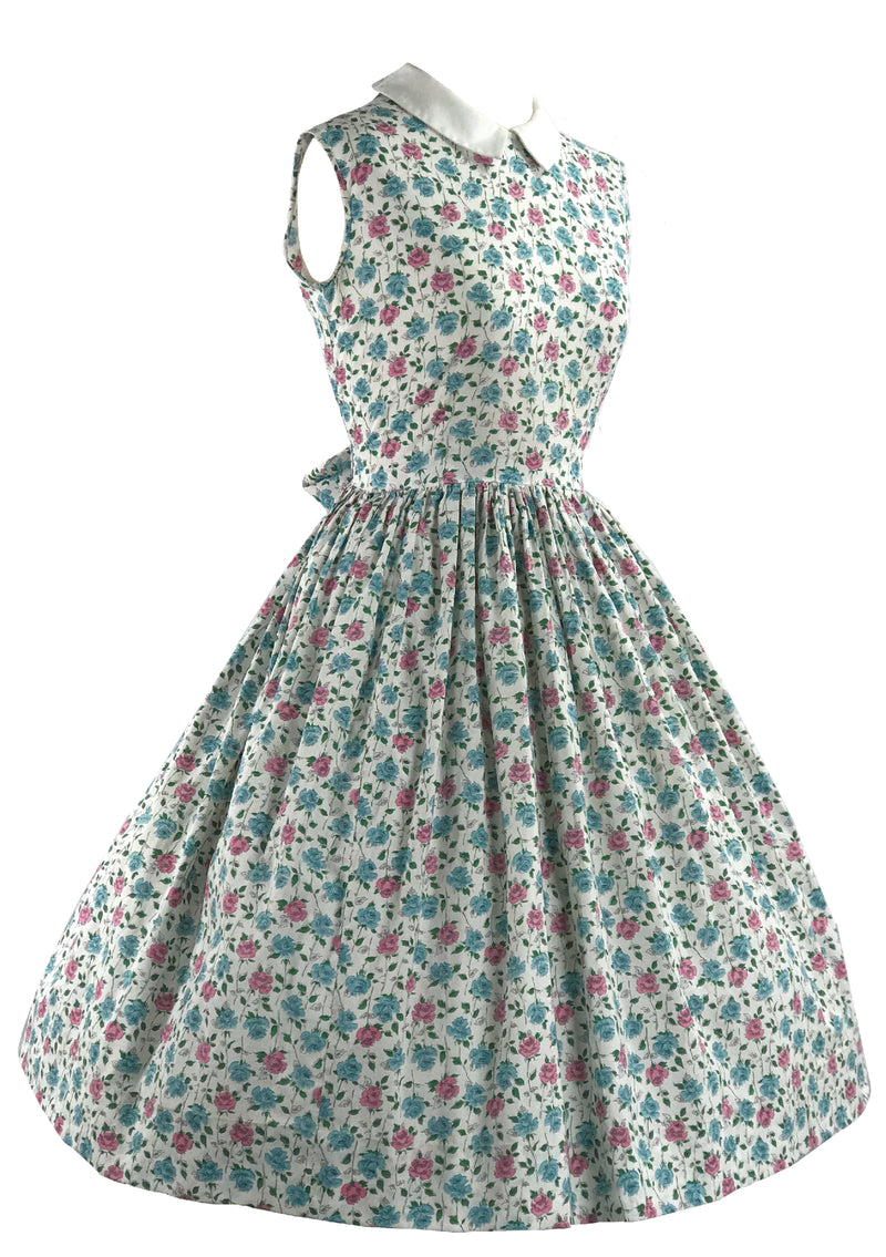 Vintage 1950s Pink and Blue Roses Floral Cotton Dress - New! (ON HOLD)