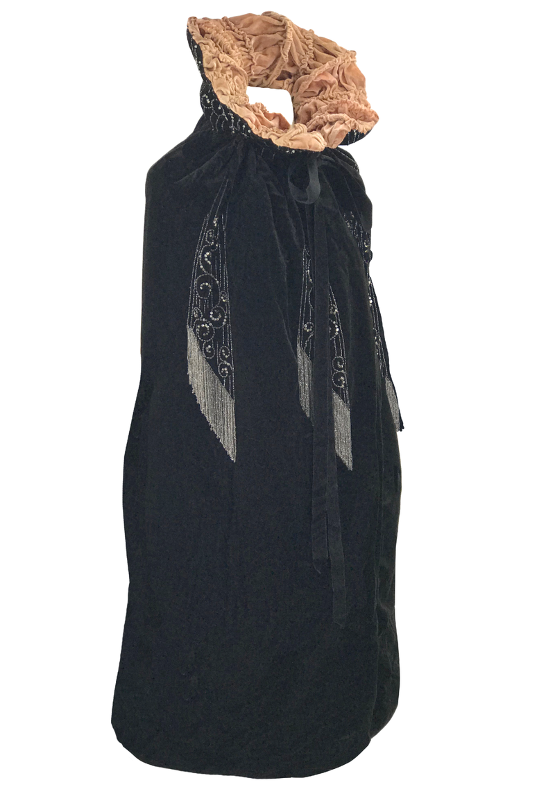 Vintage 1920s Rhinestone Studded Black Silk Velvet Cape - New!