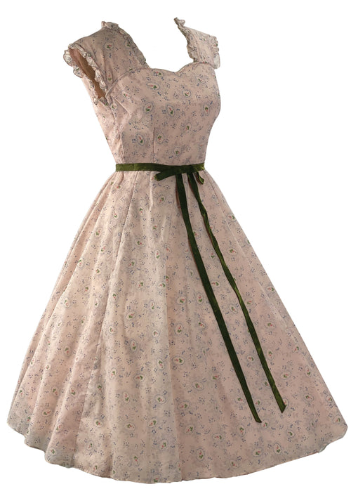 (RESERVED) Charming Late 1950s Pink Floral Cameo Plissé Dress- NEW!