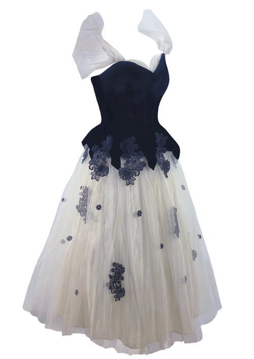 Vintage 1950s Black Velvet & Ivory Tulle Party Dress - New!