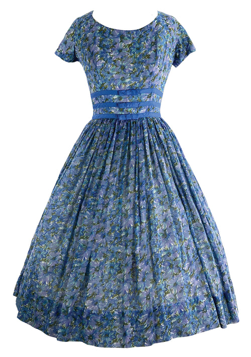 1950s Blue Floral Cotton Voile Dress - New!