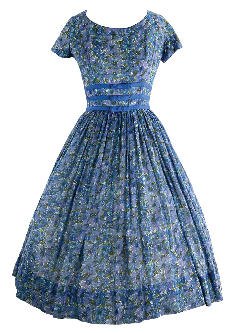 1950s Blue Floral Cotton Voile Dress - New!