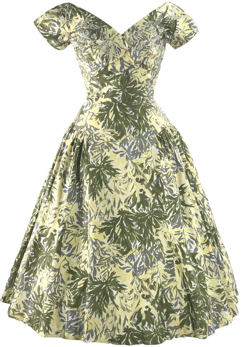 Elegant 1950s Leaf Print Cotton Dress - New! (On hold)